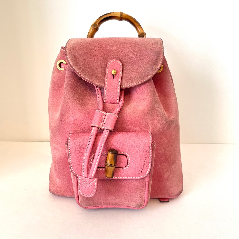 SALE❤️❤️❤️Gucci Pink Suede Leather Mini Backpack Bamboo
